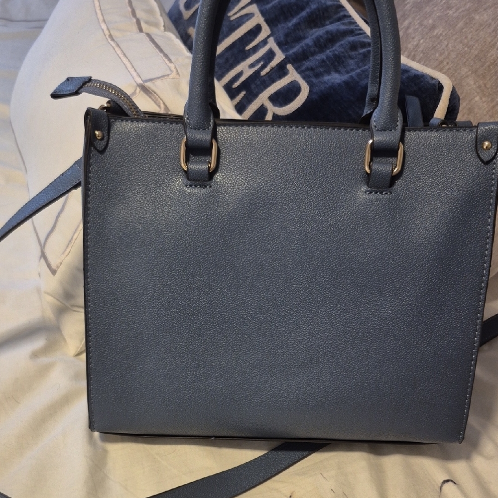 Nine West Dusty Blue Structured Satchel with Gold Accents - Picture 3 of 5